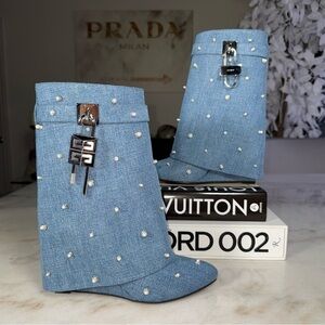 Givenchy 40 Shark Lock Pearl-Embellished Denim Ankle Boots